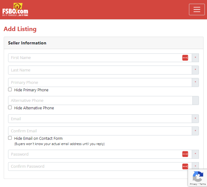 FSBO com Add Listing - Seller Information