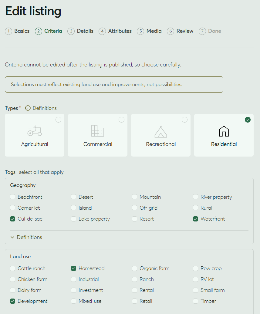 LandSearch Listing Criteria